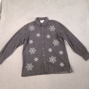 Vintage‎ Quacker Factory Denim Shirt Womens Medium Black Snow Flakes Bling